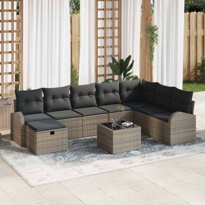 Conjunto de sofá de jardín con cojín 9 pcs Gris Poliratán