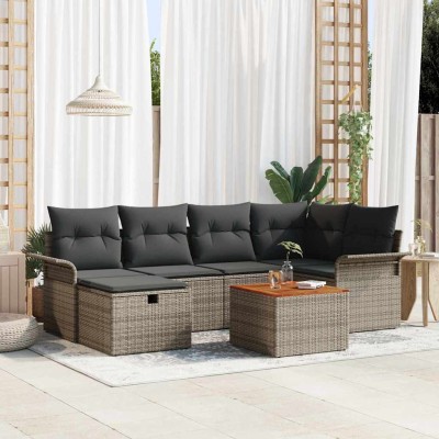 Conjunto de sofá de jardín con cojín 7 pcs Gris Poliratán
