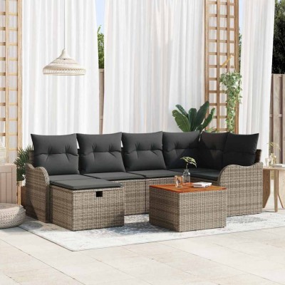 Conjunto de sofá de jardín con cojín 7 pcs Gris Poliratán