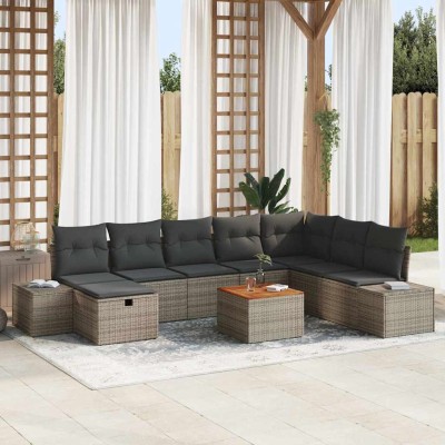 Conjunto de sofá de jardín con cojín 9 pcs Gris Poliratán