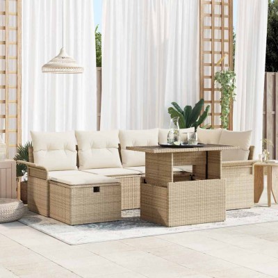 Conjunto de sofá de jardín con cojín 7 pcs Beige Poliratán