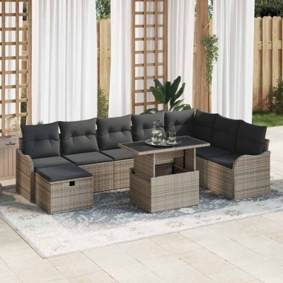 Conjunto de sofá de jardín con cojín 9 pcs Gris Poliratán