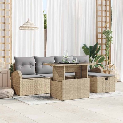 Conjunto de sofá de jardín con cojín 6 pcs Beige Poliratán