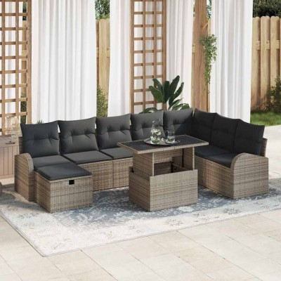 Conjunto de sofá de jardín con cojín 9 pcs Gris Poliratán