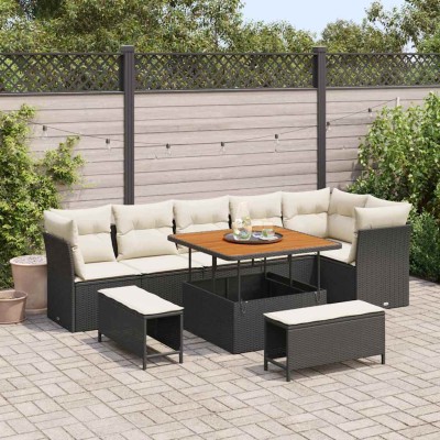 Conjunto de sofá de jardín 9 pcs Negro ratán sintético