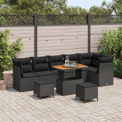 Conjunto de sofá de jardín 9 pcs Negro ratán sintético
