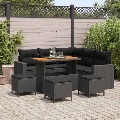 Conjunto de sofá de jardín 9 pcs Negro ratán sintético