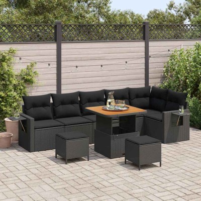 Conjunto de sofá de jardín 9 pcs Negro ratán sintético