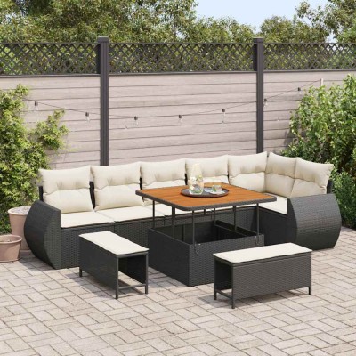 Conjunto de sofá de jardín 9 pcs Negro ratán sintético