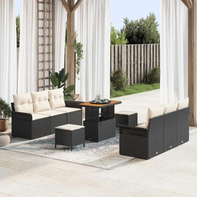 Conjunto de sofá de jardín 9 pcs Negro ratán sintético