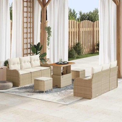 Conjunto de sofá de jardín 9 pcs Beige ratán sintético