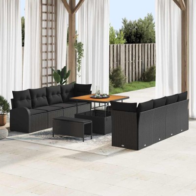 Conjunto de sofá de jardín con cojín 11 pcs Negro Poliratán