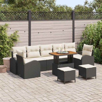 Conjunto de sofá de jardín con cojín 10 pcs Negro Poliratán