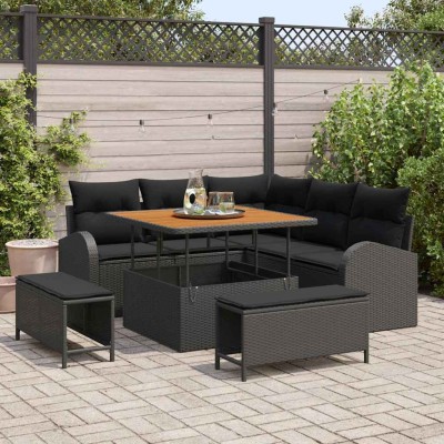 Conjunto de sofá de jardín con cojín 8 pcs Negro Poliratán