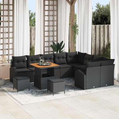 Conjunto de sofá de jardín con cojín 12 pcs Negro Poliratán
