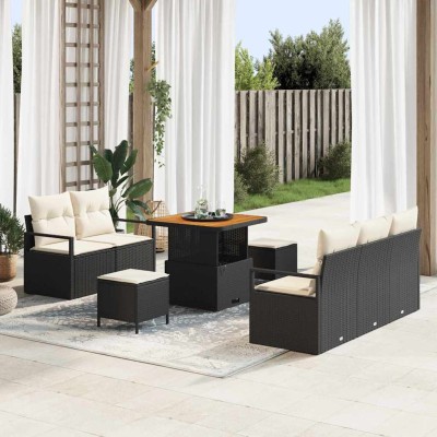 Conjunto de sofá de jardín con cojín 8 pcs Negro Poliratán