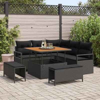 Conjunto de sofá de jardín con cojín 8 pcs Negro Poliratán