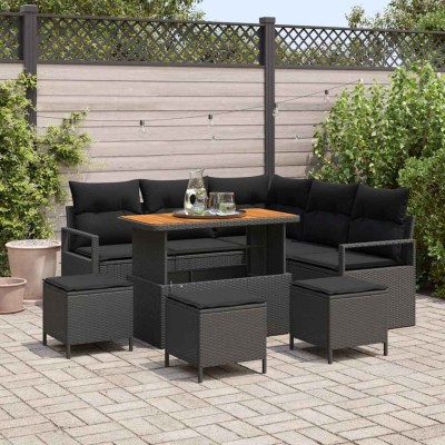 Conjunto de sofá de jardín con cojín 9 pcs Negro Poliratán