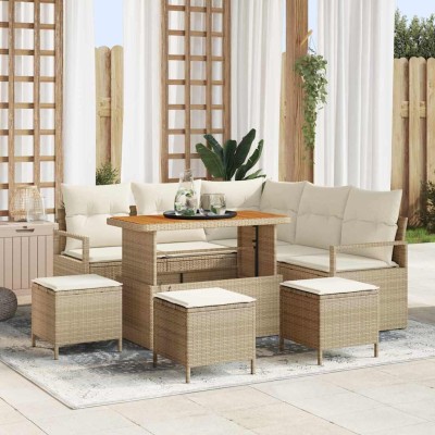 Conjunto de sofá de jardín con cojín 9 pcs Beige Poliratán