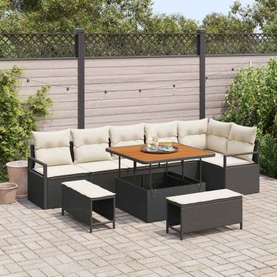 Conjunto de sofá de jardín con cojín 9 pcs Negro Poliratán