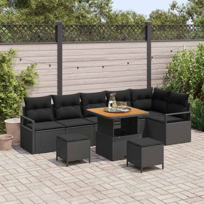 Conjunto de sofá de jardín con cojín 9 pcs Negro Poliratán
