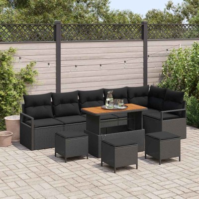 Conjunto de sofá de jardín con cojín 10 pcs Negro Poliratán