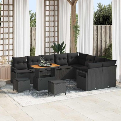 Conjunto de sofá de jardín con cojín 12 pcs Negro Poliratán