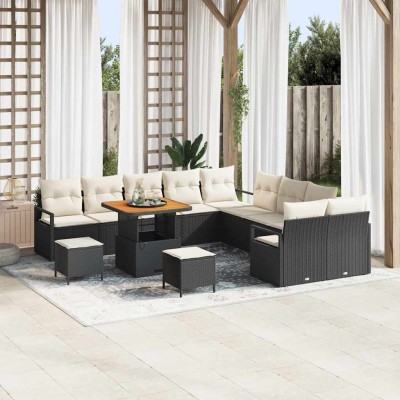 Conjunto de sofá de jardín con cojín 13 pcs Negro Poliratán