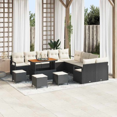 Conjunto de sofá de jardín con cojín 14 pcs Negro Poliratán