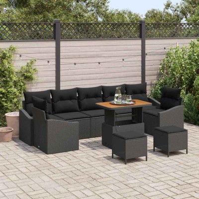 Conjunto de sofá de jardín con cojín 10 pcs Negro Poliratán