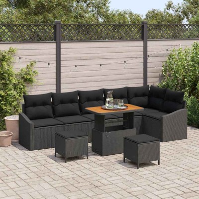Conjunto de sofá de jardín con cojín 9 pcs Negro Poliratán