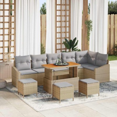 Conjunto de sofá de jardín con cojín 10 pcs Beige Poliratán