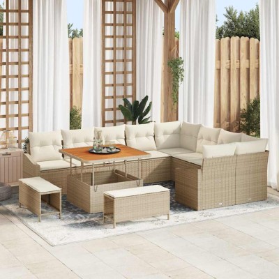 Conjunto de sofá de jardín con cojín 12 pcs Beige Poliratán