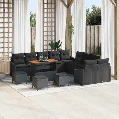 Conjunto de sofá de jardín con cojín 14 pcs Negro Poliratán