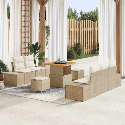 Conjunto de sofá de jardín con cojín 8 pcs Beige Poliratán