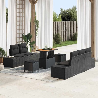 Conjunto de sofá de jardín con cojín 8 pcs Negro Poliratán