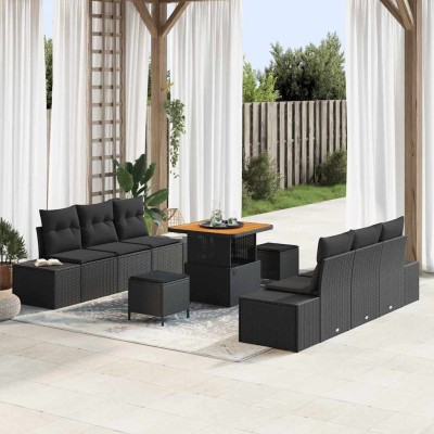 Conjunto de sofá de jardín con cojín 9 pcs Negro Poliratán