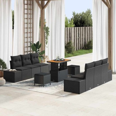 Conjunto de sofá de jardín con cojín 9 pcs Negro Poliratán