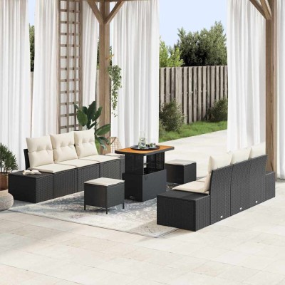 Conjunto de sofá de jardín con cojín 9 pcs Negro Poliratán
