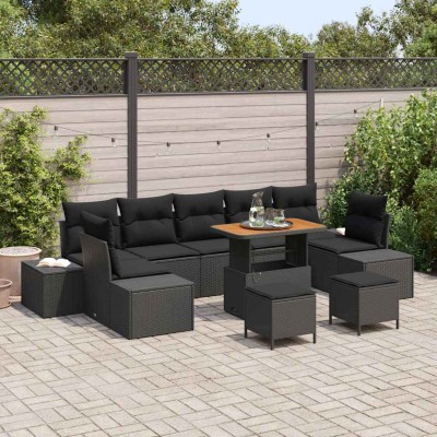 Conjunto de sofá de jardín con cojín 10 pcs Negro Poliratán