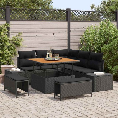 Conjunto de sofá de jardín con cojín 8 pcs Negro Poliratán