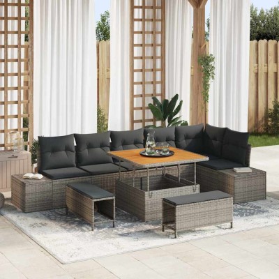 Conjunto de sofá de jardín con cojín 9 pcs Gris Poliratán