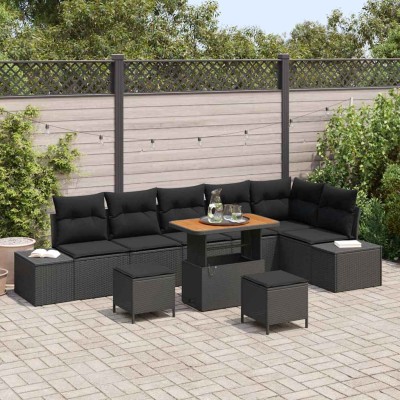 Conjunto de sofá de jardín con cojín 9 pcs Negro Poliratán