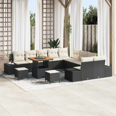 Conjunto de sofá de jardín con cojín 13 pcs Negro Poliratán