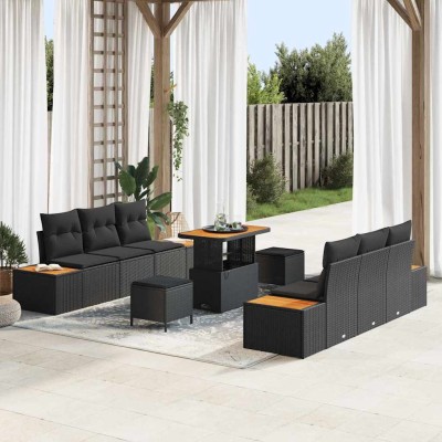 Conjunto de sofá de jardín con cojín 9 pcs Negro Poliratán
