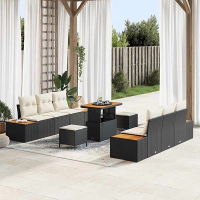 Conjunto de sofá de jardín con cojín 9 pcs Negro Poliratán