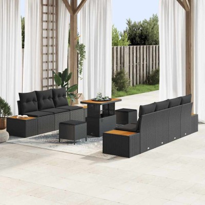 Conjunto de sofá de jardín con cojín 10 pcs Negro Poliratán