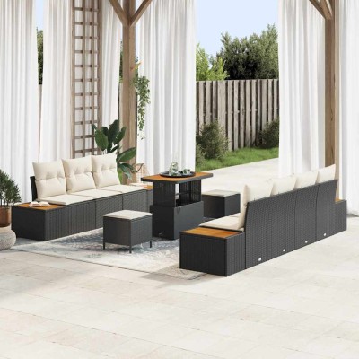 Conjunto de sofá de jardín con cojín 10 pcs Negro Poliratán