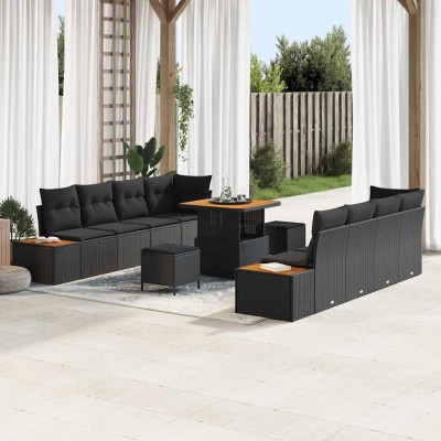 Conjunto de sofá de jardín con cojín 11 pcs Negro Poliratán