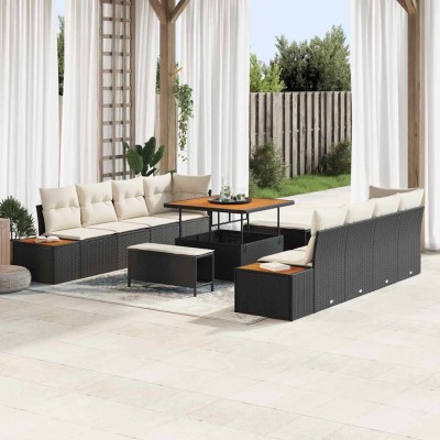 Conjunto de sofá de jardín con cojín 11 pcs Negro Poliratán